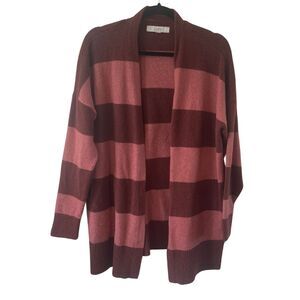Loft Cardigan Sweater L rust Brown Striped Open Front soft warm winter
